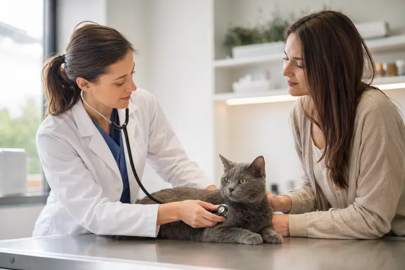 Eine ruhige Nebelung Katze wird sanft von einer Tierärztin mit Stethoskop auf einem Untersuchungstisch in einer modernen Tierarztpraxis untersucht.