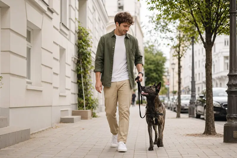 Ein Nederlandse Herdershond läuft an der Leine mit seinem Besitzer durch eine moderne Stadtstraße im Alltag.