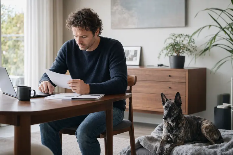 Ein Hundebesitzer sitzt mit einer Tierarztrechnung am Tisch, während ein entspannter Nederlandse Herdershond ruhig auf einer Decke liegt.