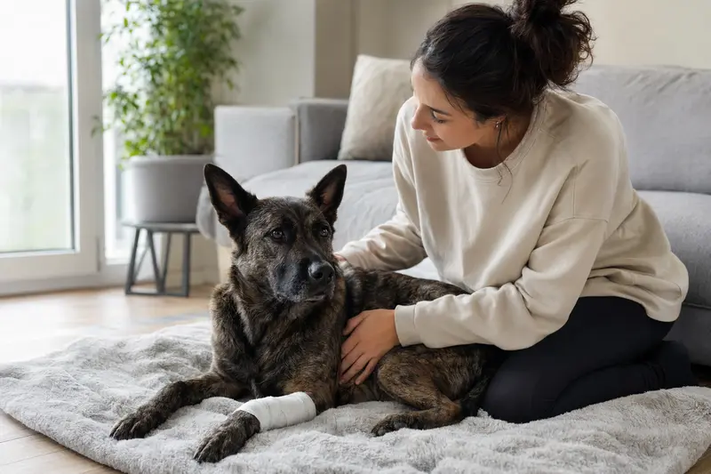 Nederlandse Herdershond mit leicht verbandener Pfote liegt ruhig auf einer Decke neben seinem erleichterten Besitzer in heller Wohnung.