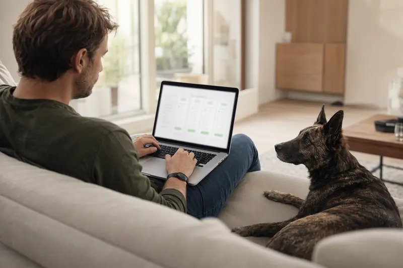 Ein Hund sitzt neben seinem Besitzer auf dem Sofa, während dieser auf einem Laptop nach Tierversicherungen sucht.