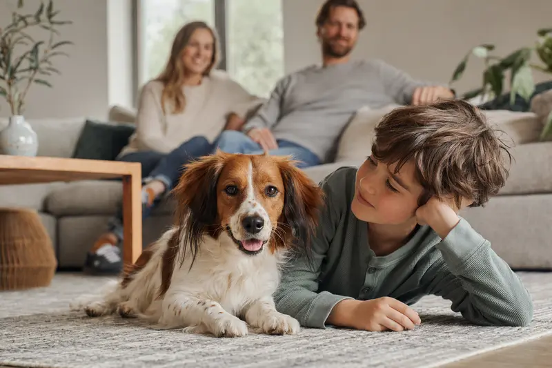 Ein Nederlandse Kooikerhondje liegt entspannt neben einem Kind im Wohnzimmer in einer sicheren Familienatmosphäre.