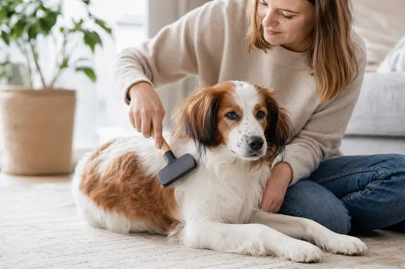 Ein Nederlandse Kooikerhondje wird in einer hellen Wohnung liebevoll gebürstet, was die sanfte Fellpflege und verantwortungsvolle Hundegesundheit zeigt.