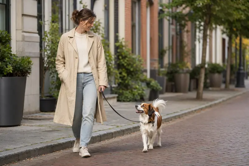 Ein Nederlandse Kooikerhondje läuft an der Leine mit seinem Besitzer durch eine saubere moderne Stadtstraße.