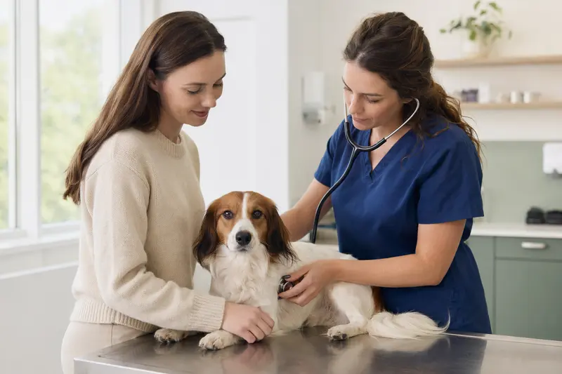 Ein ruhiger Nederlandse Kooikerhondje Hund wird behutsam von einer Tierärztin mit Stethoskop in einer modernen Praxis untersucht.