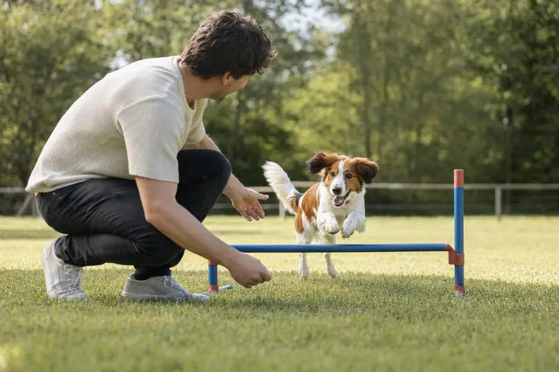 Ein aktiver Nederlandse Kooikerhondje trainiert mit seinem Besitzer auf einem Hundeplatz über eine kleine Hürde.