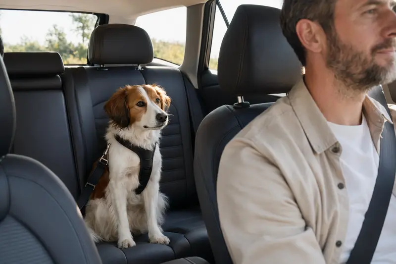 Ein Nederlandse Kooikerhondje sitzt sicher angeschnallt auf der Rückbank eines Autos, während sein Besitzer ruhig fährt.