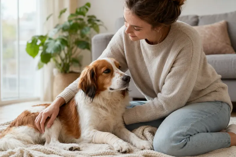 Ein Nederlandse Kooikerhondje mit leicht verbundenen Pfote liegt ruhig auf einer Decke neben seinem erleichterten Besitzer.