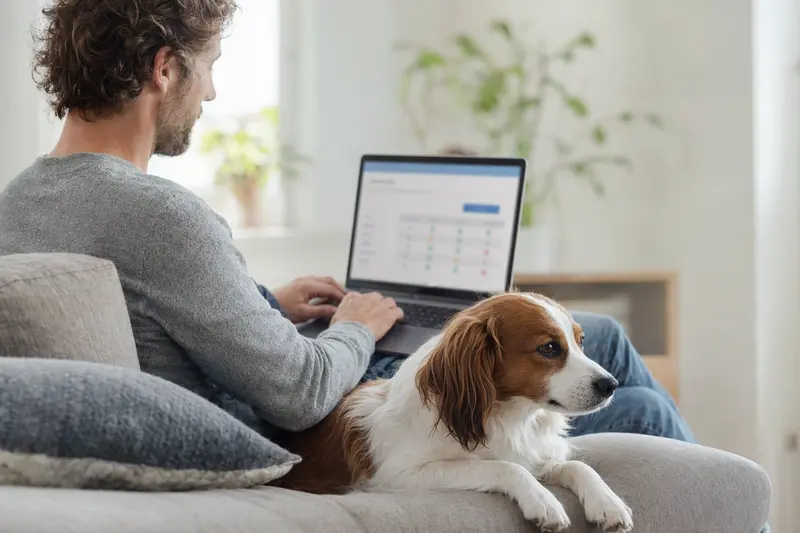 Ein Besitzer arbeitet am Laptop auf dem Sofa, während ein Nederlandse Kooikerhondje entspannt daneben sitzt.