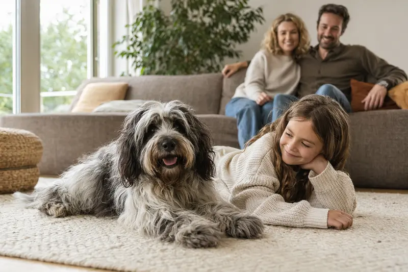 Ein freundlicher Nederlandse Schapendoes liegt entspannt neben einem Kind im hellen Wohnzimmer einer Familie.