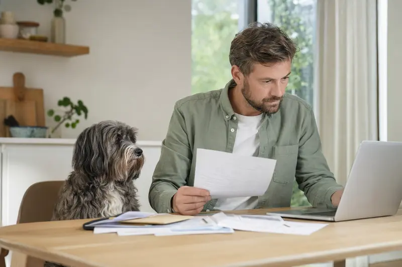 Ein Nederlandse Schapendoes sitzt ruhig neben seinem Besitzer am Küchentisch mit Versicherungsunterlagen und Laptop zur Hundekrankenversicherung.