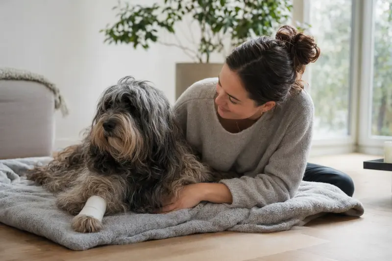 Ein Nederlandse Schapendoes mit leicht verbundenen Pfote liegt ruhig auf einer Decke neben seinem erleichterten Besitzer in einer hellen Wohnung.