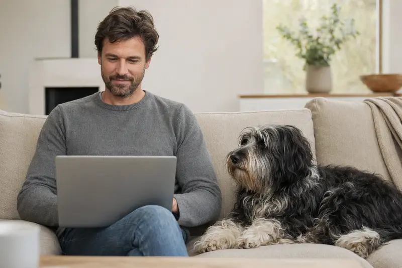 Ein Hund sitzt entspannt neben seinem Besitzer, der am Laptop eine Versicherungsvergleiche durchführt.