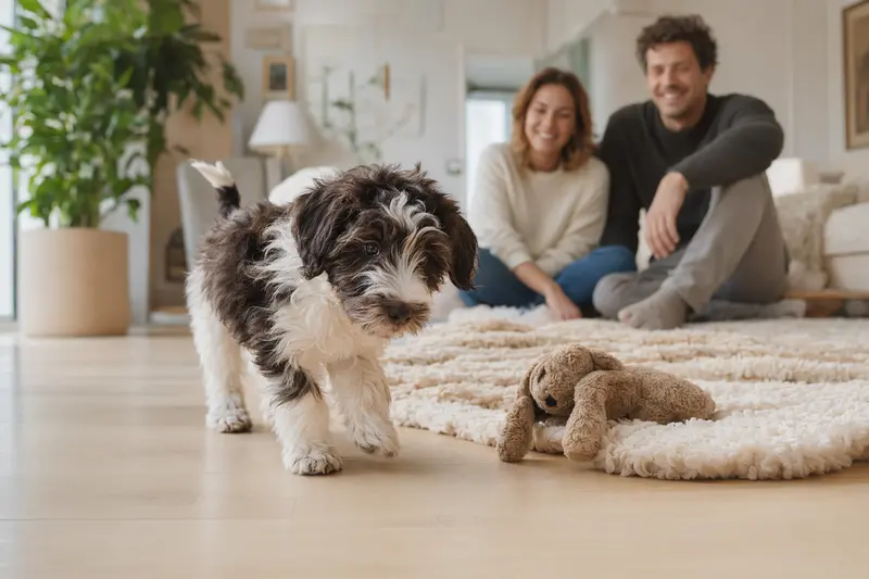 Junger Nederlandse Schapendoes Welpe entdeckt neugierig sein neues Zuhause in einer hellen Wohnung mit weicher Decke und Spielzeug.
