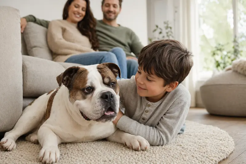 Eine freundliche Neue Englische Bulldogge liegt entspannt neben einem Kind im Wohnzimmer und vermittelt eine sichere Familienatmosphäre.