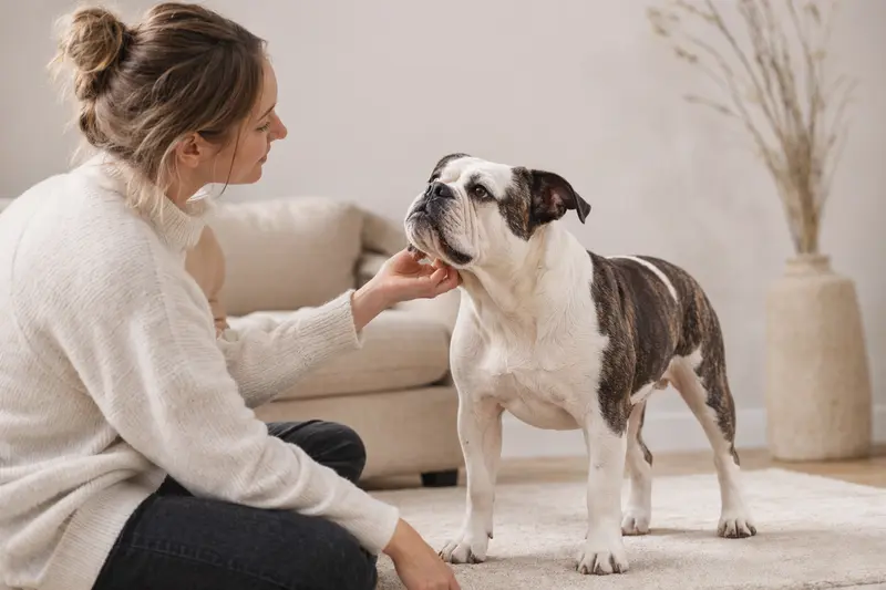 Eine Neue Englische Bulldogge steht aufmerksam vor hellem Hintergrund und zeigt die typische Körperform der Rasse in einem professionellen Hundeportrait.