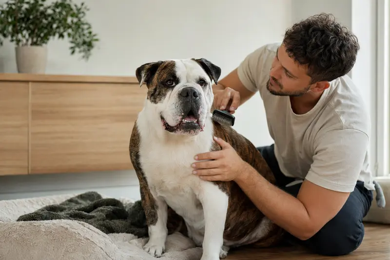 Eine Neue Englische Bulldogge wird zuhause von ihrem Besitzer sanft gebürstet und gepflegt.