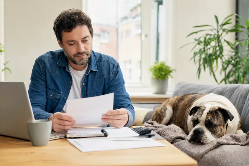 Ein Hundehalter sitzt mit einer Tierarztrechnung am Tisch, während eine entspannte Neue Englische Bulldogge auf einer Decke liegt – ein realistisches Motiv zu Tierarztkosten und Hunderversicherung.
