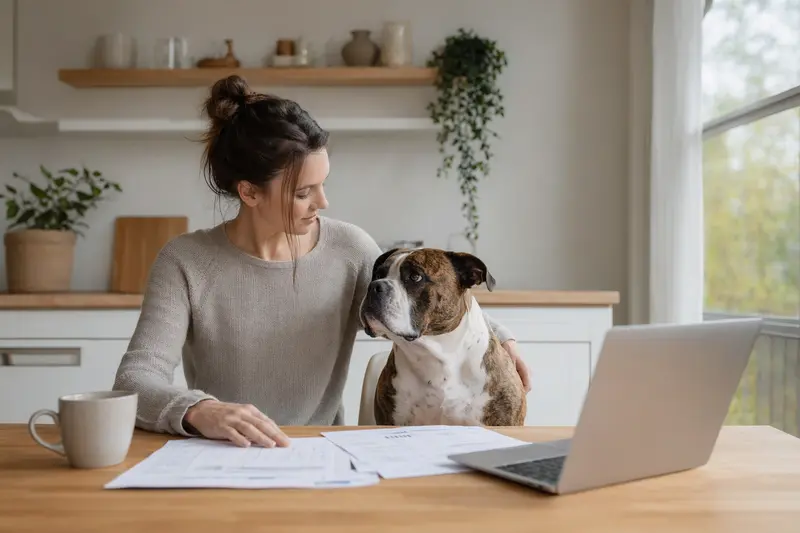 Eine Neue Englische Bulldogge sitzt ruhig neben ihrem Besitzer am Küchentisch, während Versicherungsunterlagen und ein Laptop mit einer Vergleichsseite vor ihnen liegen.