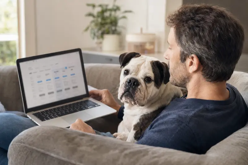 Ein Hundebesitzer sitzt mit einem Laptop auf dem Sofa, neben ihm liegt eine Neue Englische Bulldogge.