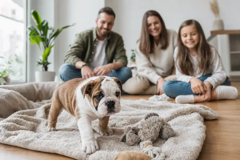 Ein neugieriger Englische Bulldogge Welpe erkundet sein neues Zuhause mit einer weichen Decke und Spielzeug, während eine liebevolle Familie im Hintergrund zu sehen ist.