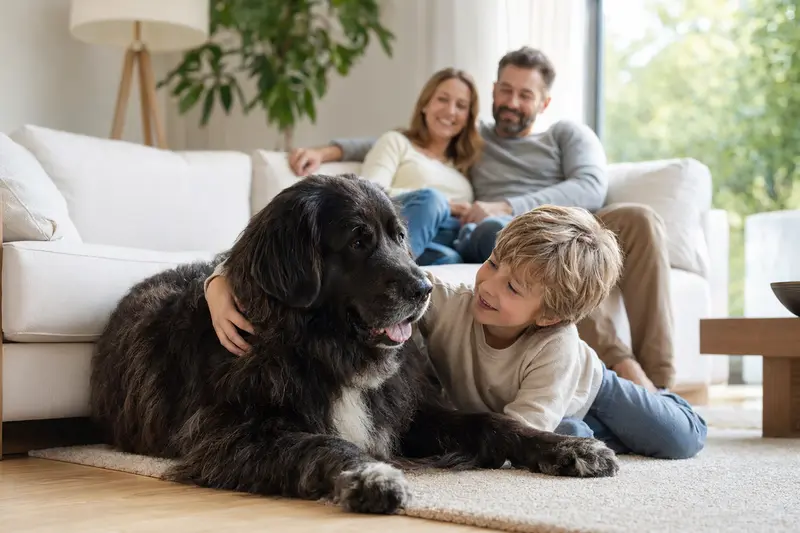 Ein freundlicher Neufundländer liegt entspannt neben einem Kind im Wohnzimmer, während die Eltern im Hintergrund eine sichere Familienatmosphäre schaffen.