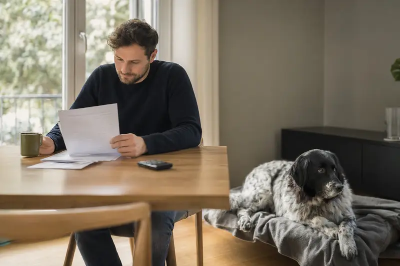 Besitzer sitzt mit einer Tierarztrechnung am Tisch, während ein entspannter Neufundländer auf einer Decke liegt und eine ruhige, lösungsorientierte Situation in der Wohnung zeigt.