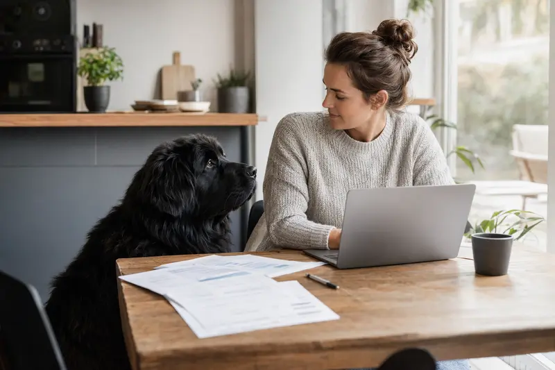 Ein Neufundländer sitzt ruhig neben seinem Besitzer am Küchentisch mit Versicherungsunterlagen und einem Laptop zur Hundekrankenversicherung.