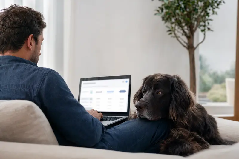 Ein Hundebesitzer mit einem Neufundländer auf dem Sofa, während er am Laptop einen Versicherungsvergleich durchführt.