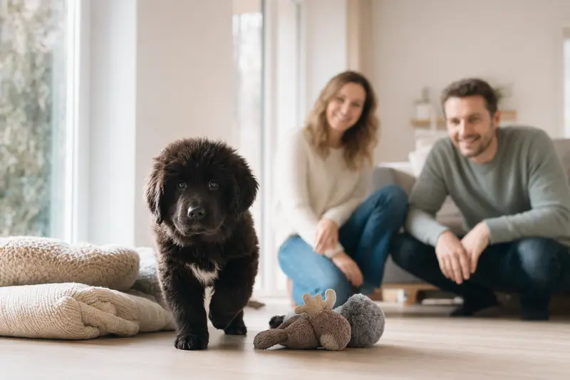Ein junger Neufundländer Welpe erkundet neugierig seine neue Umgebung in einer hellen Wohnung mit Spielen und einer liebevollen Familie im Hintergrund.
