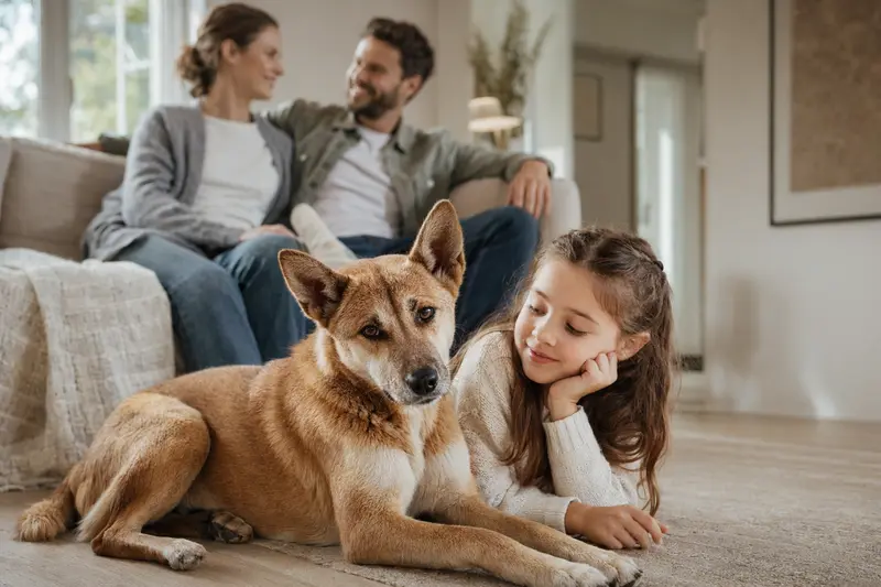 Ein freundlicher Neuguinea-Dingo-Hund liegt entspannt neben einem Kind im hellen Wohnzimmer, während die Eltern im Hintergrund stehen.