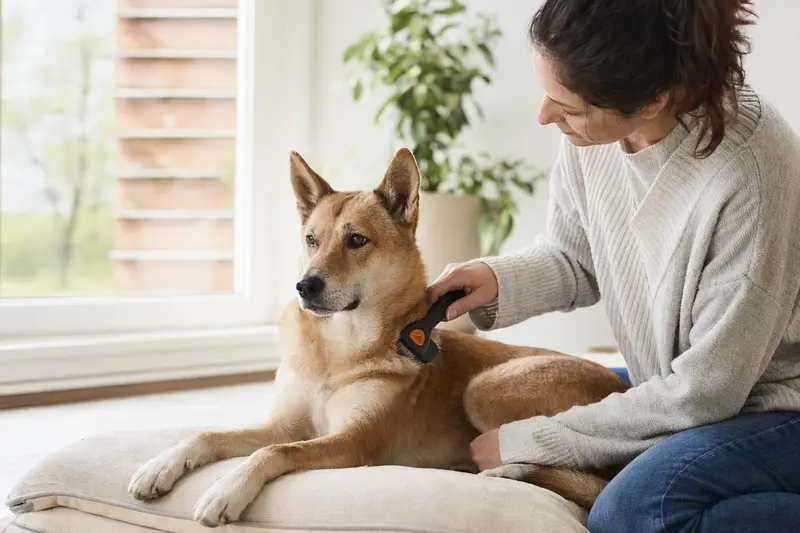 Ein Neuguinea-Dingo Hund wird in einer hellen Wohnung sanft gebürstet, während sein Besitzer sich liebevoll um die Fellpflege kümmert.