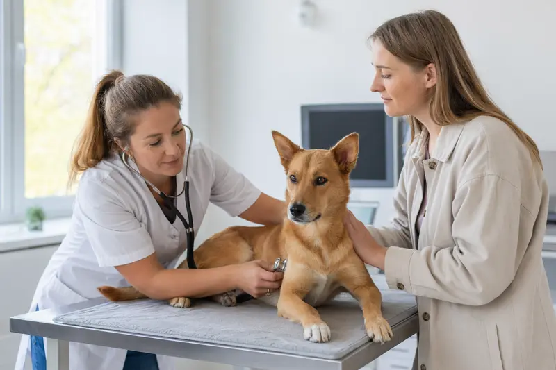 Ein ruhiger Neuguinea-Dingo Hund wird behutsam von einer freundlichen Tierärztin in einer modernen Tierarztpraxis untersucht.