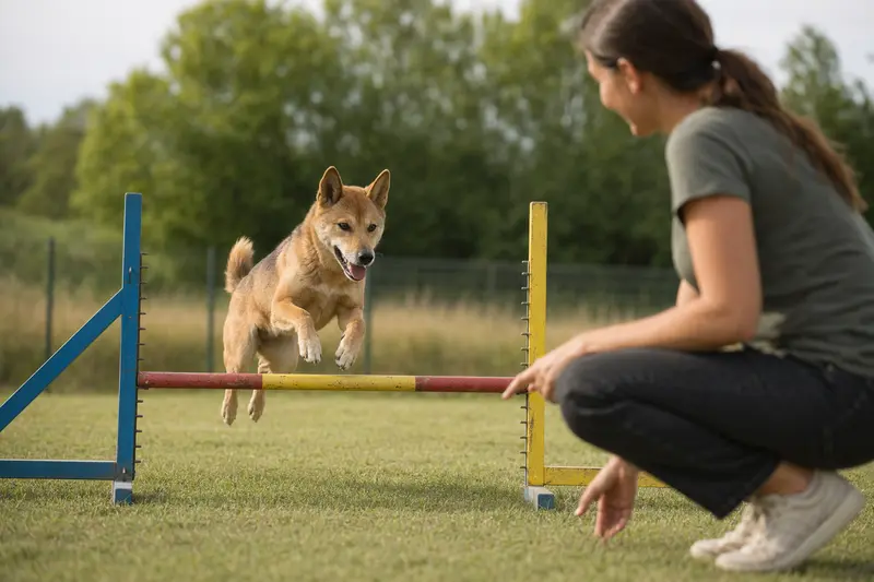 Ein Neuguinea-Dingo trainiert mit seinem Besitzer auf einem Hundeplatz über eine kleine Trainingshürde.