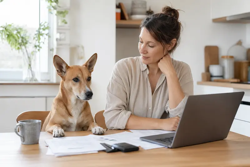 Neuguinea-Dingo sitzt ruhig neben seinem Besitzer am Küchentisch mit Versicherungsunterlagen und Laptop in einer hellen Wohnung.