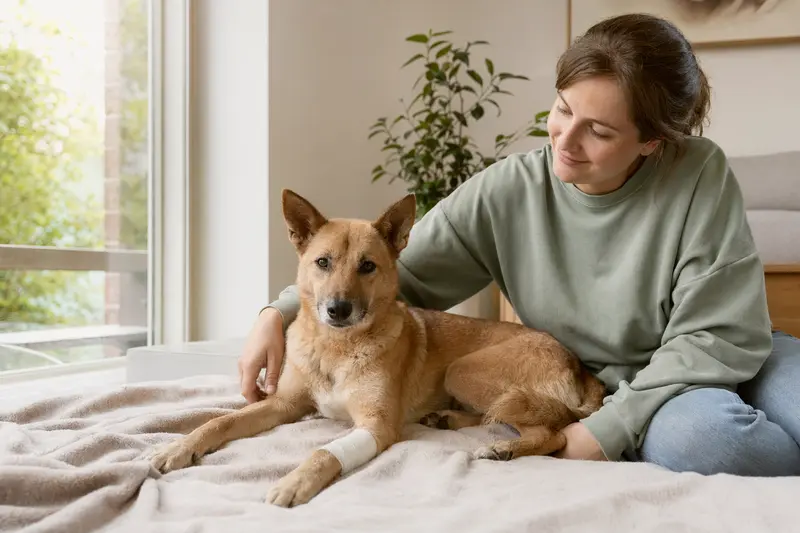 Ein Neuguinea-Dingo mit leichtem Verband an der Pfote liegt ruhig auf einer Decke, während sein Besitzer erleichtert neben ihm in einer hellen Wohnung sitzt.
