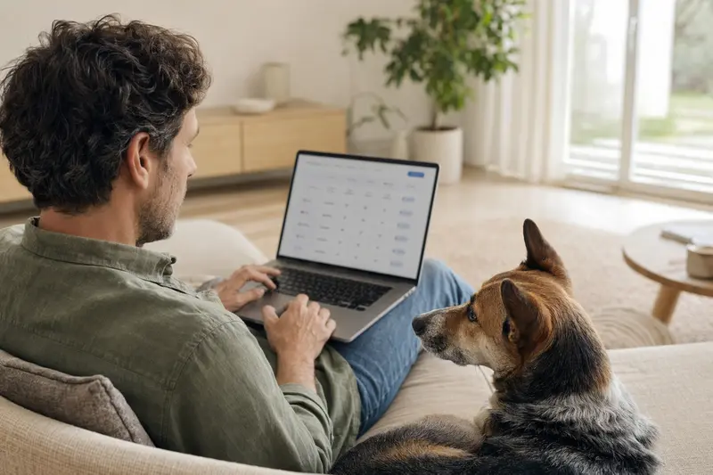 Ein Besitzer sitzt auf dem Sofa mit einem Neuguinea-Dingo und einem Laptop, auf dem eine neutrale Versicherungsvergleichs-Oberfläche unscharf angezeigt wird.