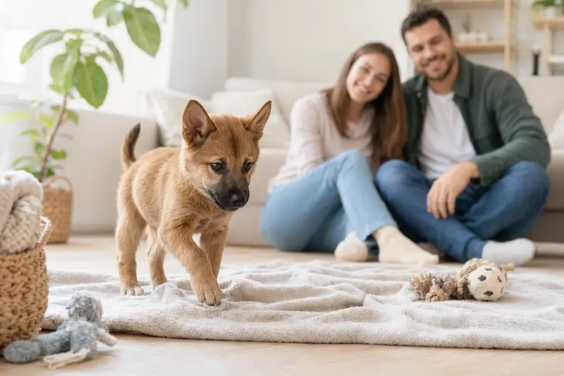 Ein junger Neuguinea-Dingo Welpe erkundet neugierig sein neues Zuhause, umgeben von einer liebevollen Familie.