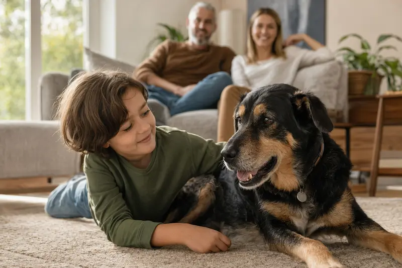 Ein freundlicher Neuseeländer Huntaway Hund liegt entspannt neben einem Kind im hellen Wohnzimmer, während Eltern im Hintergrund eine sichere Familienatmosphäre schaffen.
