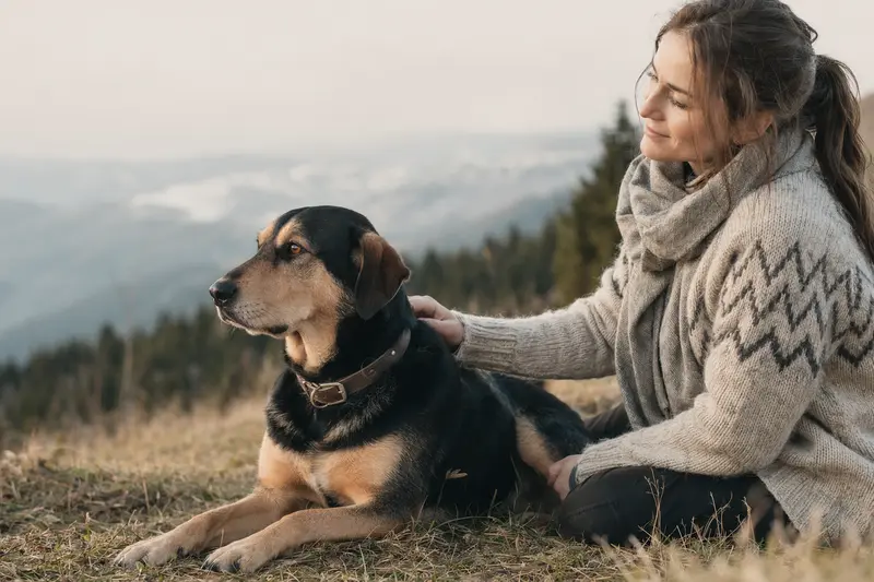 Ein aufmerksamer Neuseeländer Huntaway Hund steht in natürlicher Haltung vor hellem neutralem Hintergrund.
