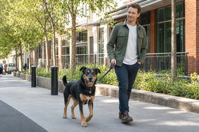 Ein Neuseeländer Huntaway läuft an der Leine mit seinem Besitzer durch eine moderne Stadtstraße im Alltag.