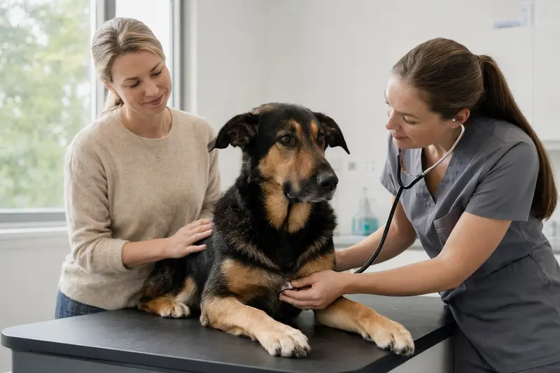 Ein ruhiger Neuseeländer Huntaway Hund wird von einer freundlichen Tierärztin auf einem Untersuchungstisch untersucht, während sein Besitzer beruhigend daneben steht.