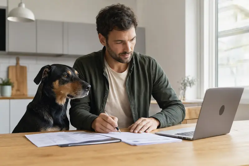 Neuseeländer Huntaway sitzt ruhig neben seinem Besitzer am Küchentisch, während Versicherungsunterlagen und ein Laptop mit neutraler Vergleichsseite für eine Hundeversicherung vor ihm liegen.