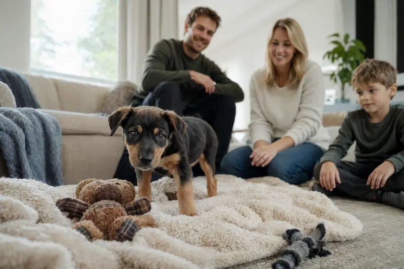 Ein junger Neuseeländer Huntaway Welpe erkundet neugierig sein neues Zuhause mit weicher Decke und Spielzeug, während seine liebevolle Familie im Hintergrund zu sehen ist.