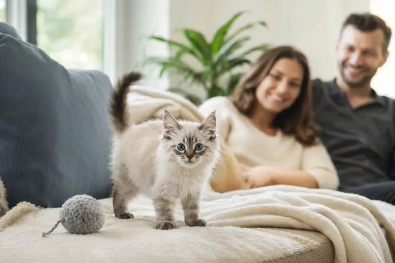 Ein neugieriges Neva Masquarade Katzen Kitten entdeckt seine neue Umgebung mit einer liebevollen Familie im Hintergrund.