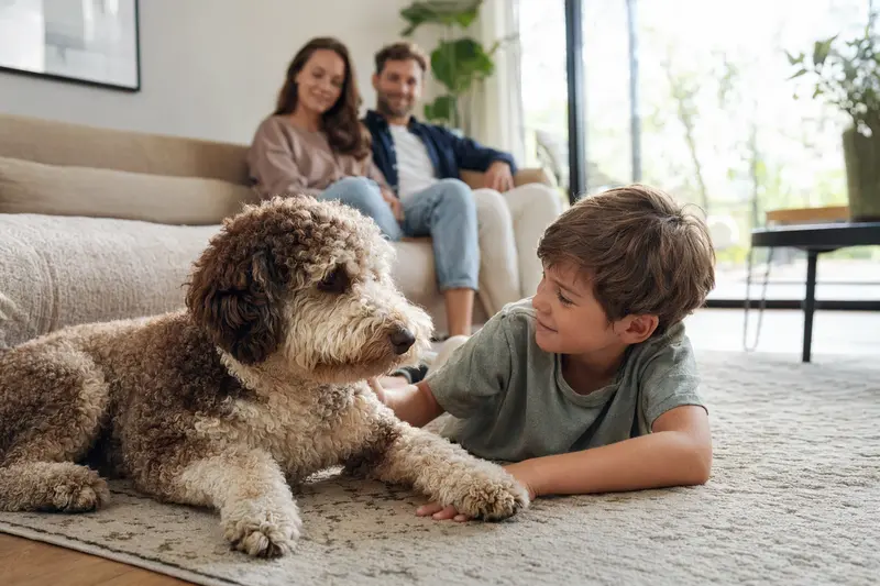 Ein Niederländischer Schafspudel liegt entspannt neben einem Kind im Wohnzimmer, während die Eltern im Hintergrund eine sichere Familienatmosphäre schaffen.