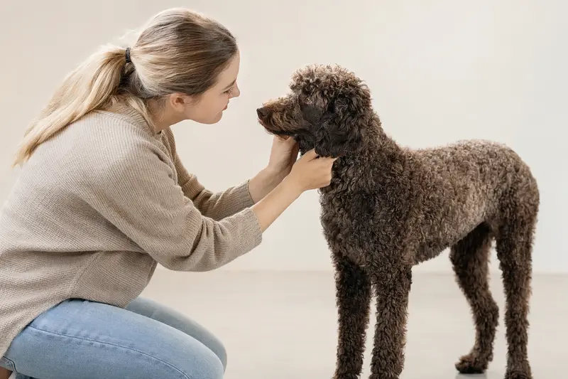 Ein Niederländischer Schafspudel steht aufmerksam vor hellem Hintergrund und zeigt in einem professionellen Hundeportrait seine typische Fellstruktur und Körperform.