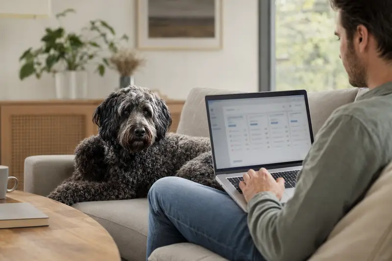 Ein Hundebesitzer sitzt mit einem Laptop auf dem Sofa neben seinem Niederländischen Schafspudel und vergleicht Versicherungen.