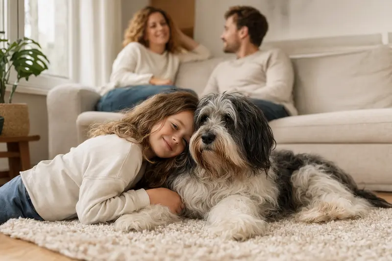 Ein Niederländischer Schapendoes liegt entspannt neben einem Kind im Wohnzimmer, während die Eltern im Hintergrund eine sichere Familienatmosphäre schaffen.