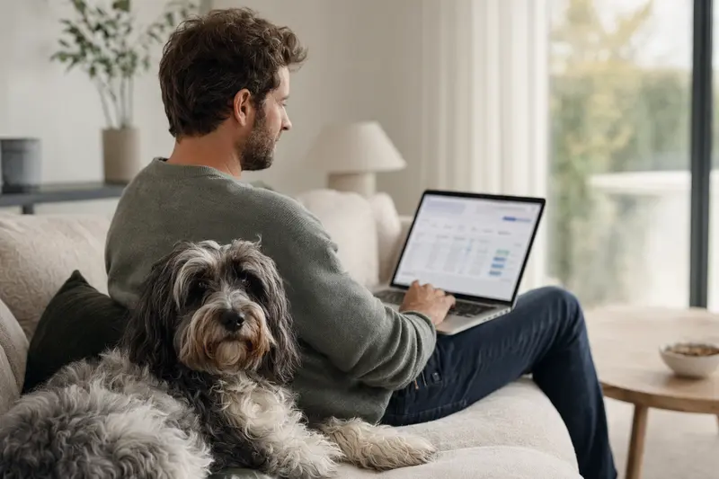 Besitzer mit Laptop auf dem Sofa, neben ihm ein Niederländischer Schapendoes, der die ruhige und moderne Wohnung bereichert.